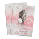 Floral memorial photo invitation booklet with pink peony design and grayscale portrait cover