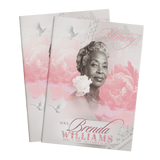 Floral memorial photo invitation booklet with pink peony design and grayscale portrait cover