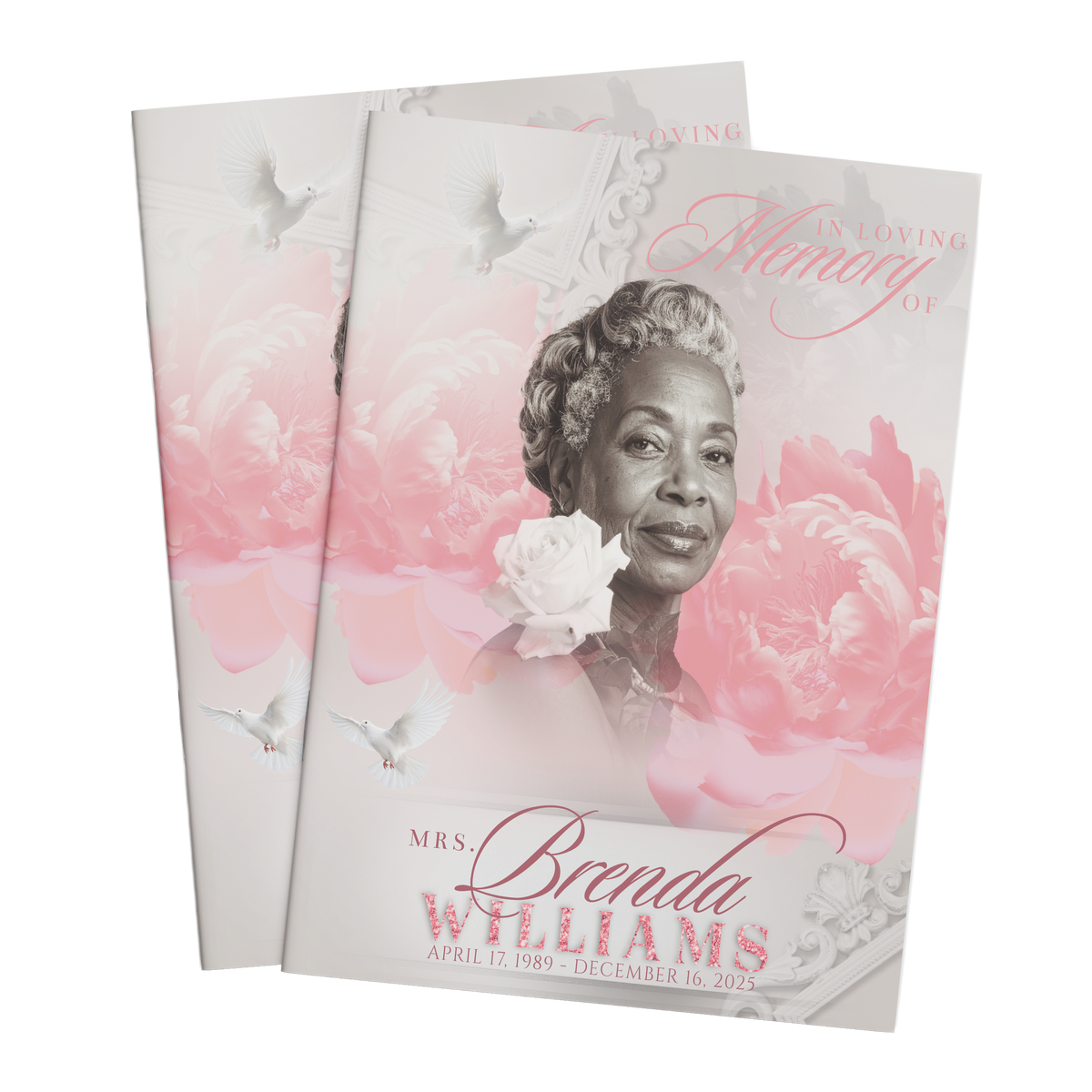 Floral memorial photo invitation booklet with pink peony design and grayscale portrait cover