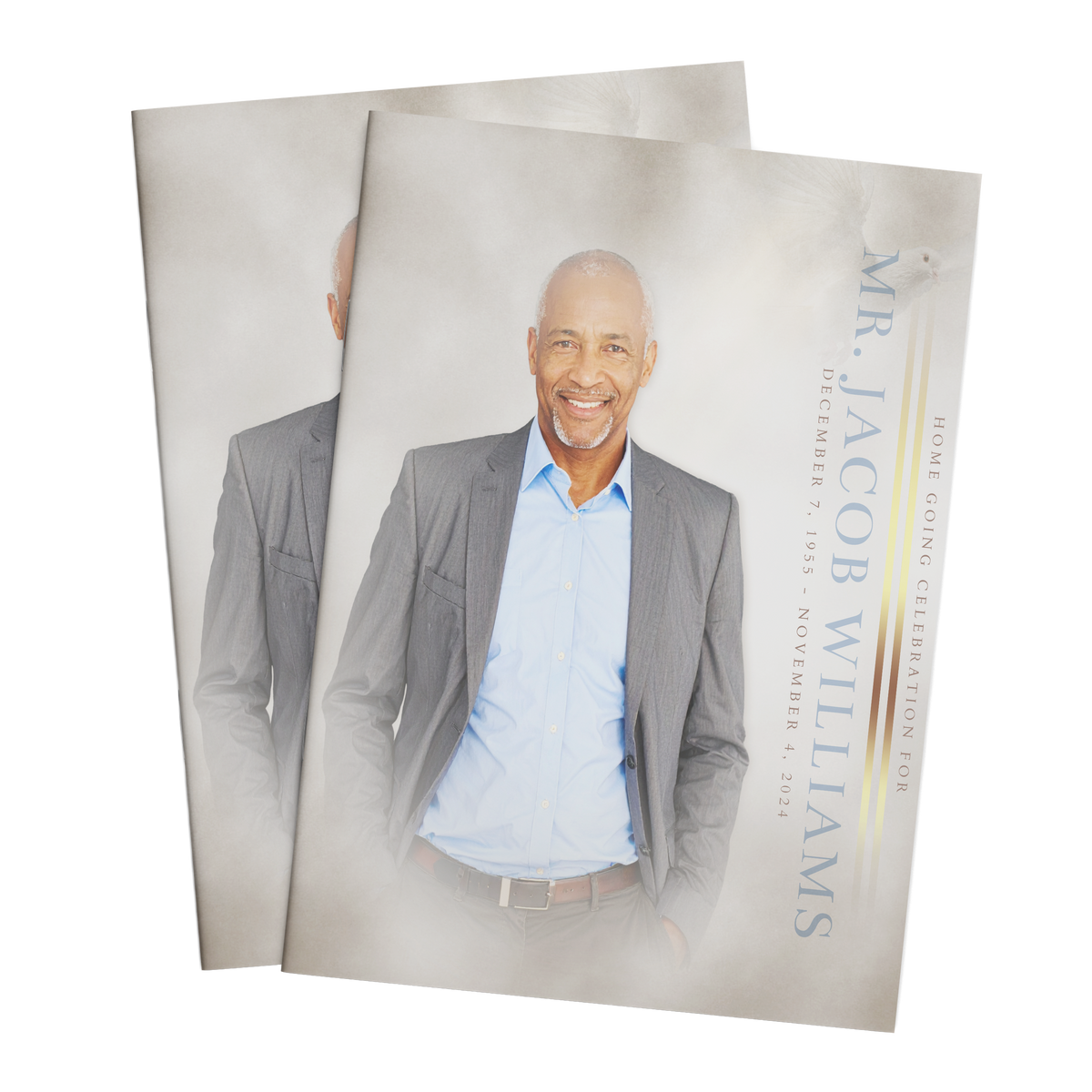 8-page portrait photo booklet with man in gray suit on cover
