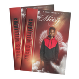 8-page memorial booklet covers, two red side panels and portrait with angel wing backdrop
