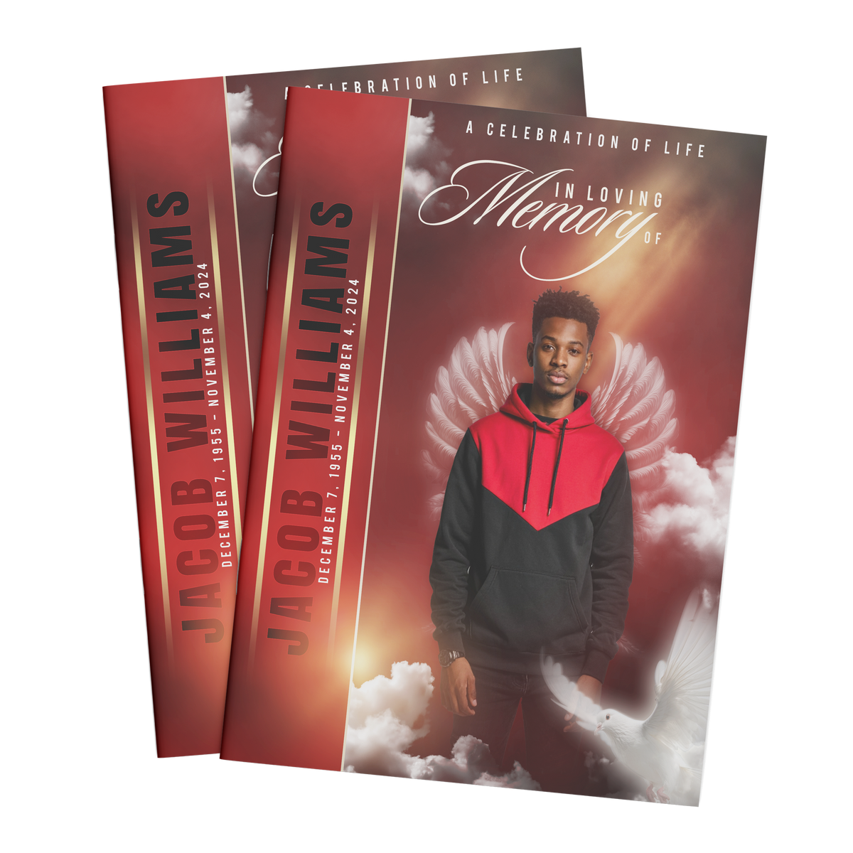 8-page memorial booklet covers, two red side panels and portrait with angel wing backdrop