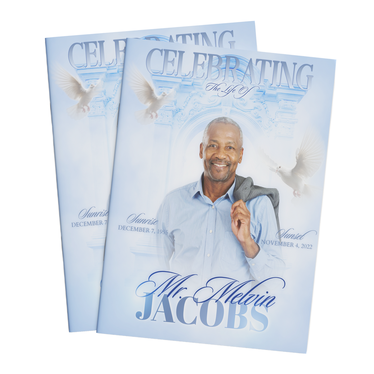 Blue 8-page memorial brochure, folded cover with “CELEBRATING The Life” and portrait