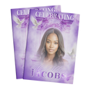 Purple 8-page event program booklet, two covers shown with portrait and decorative arch
