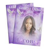 Purple 8-page event program booklet, two covers shown with portrait and decorative arch