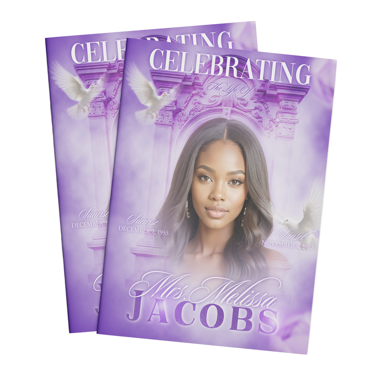 Purple 8-page event program booklet, two covers shown with portrait and decorative arch