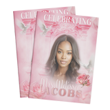 Pink floral memorial booklet covers with portrait woman and cursive title on two pages