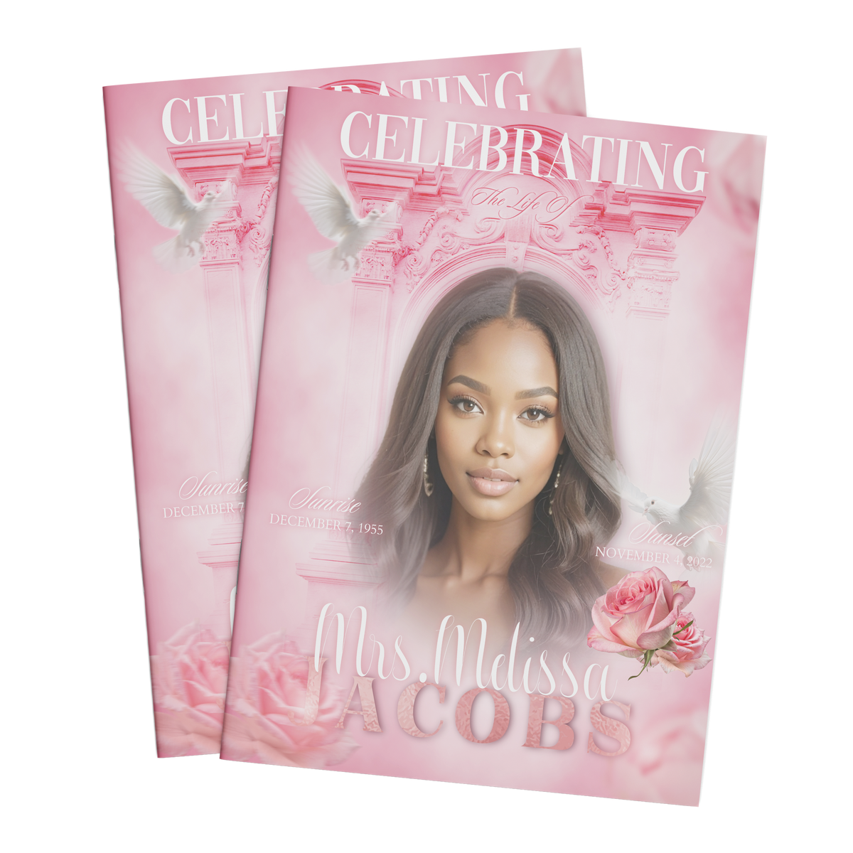 Pink floral memorial booklet covers with portrait woman and cursive title on two pages