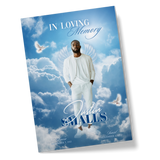 Blue In Loving Memory card with clouds, angel wings, and Austin SMALLS portrait