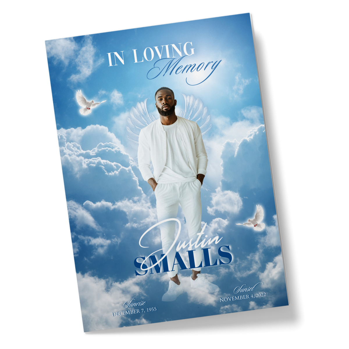 Blue In Loving Memory card with clouds, angel wings, and Austin SMALLS portrait