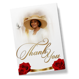 Thank-you card with gold frame photo, 'Thank You' script, and red roses at bottom.
