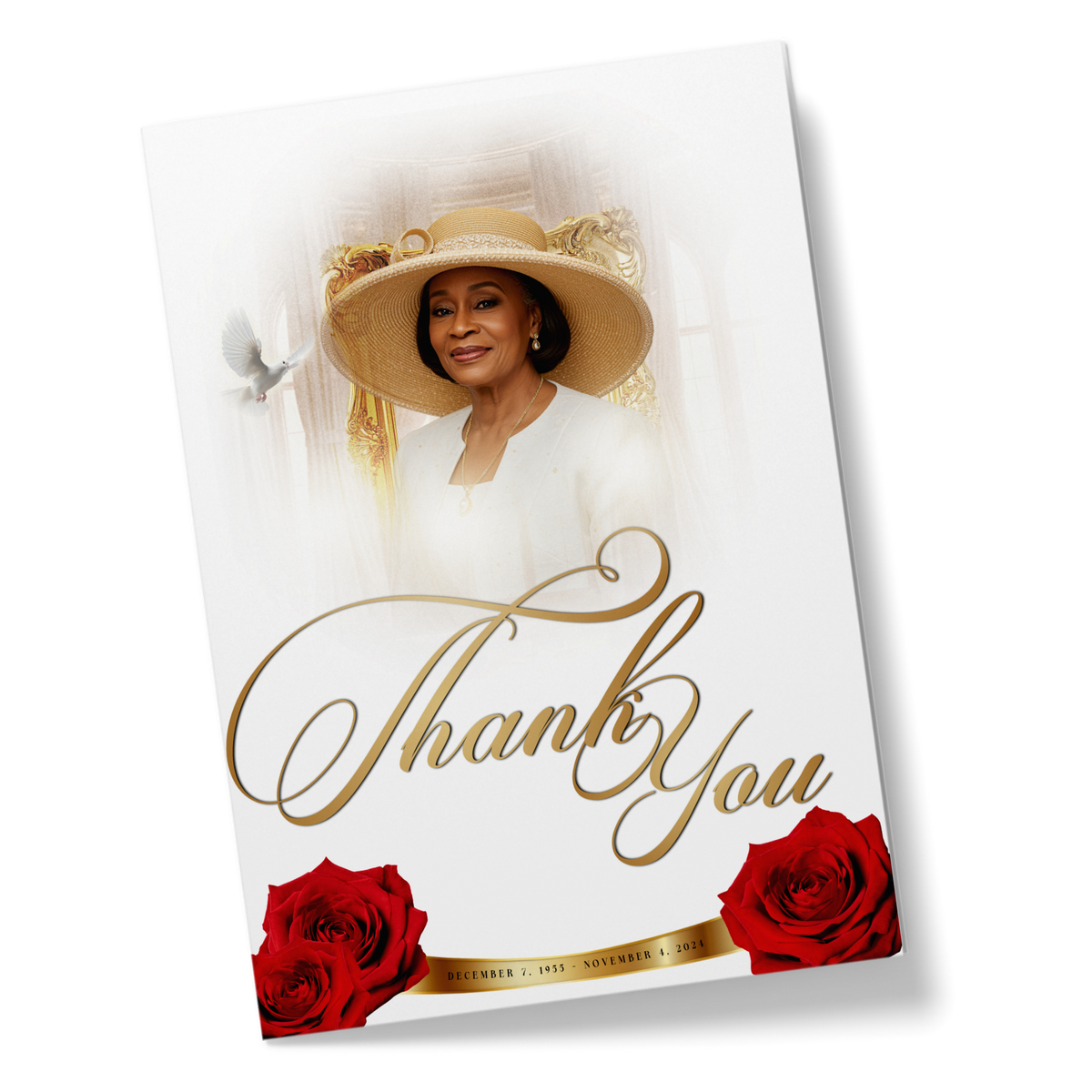 Thank-you card with gold frame photo, 'Thank You' script, and red roses at bottom.