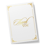 Thank You card front with ornate gold corner accents and gold “Thank You” lettering