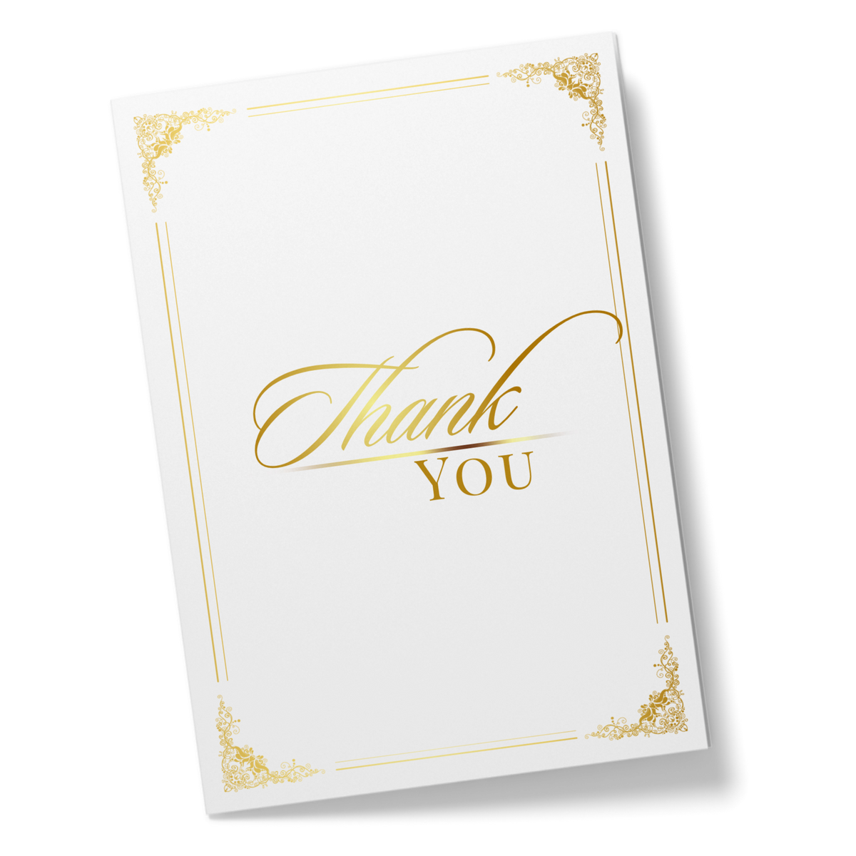 Thank You card front with ornate gold corner accents and gold “Thank You” lettering
