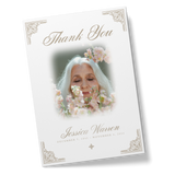 Elegant border thank-you card, white with gold script and floral photo frame
