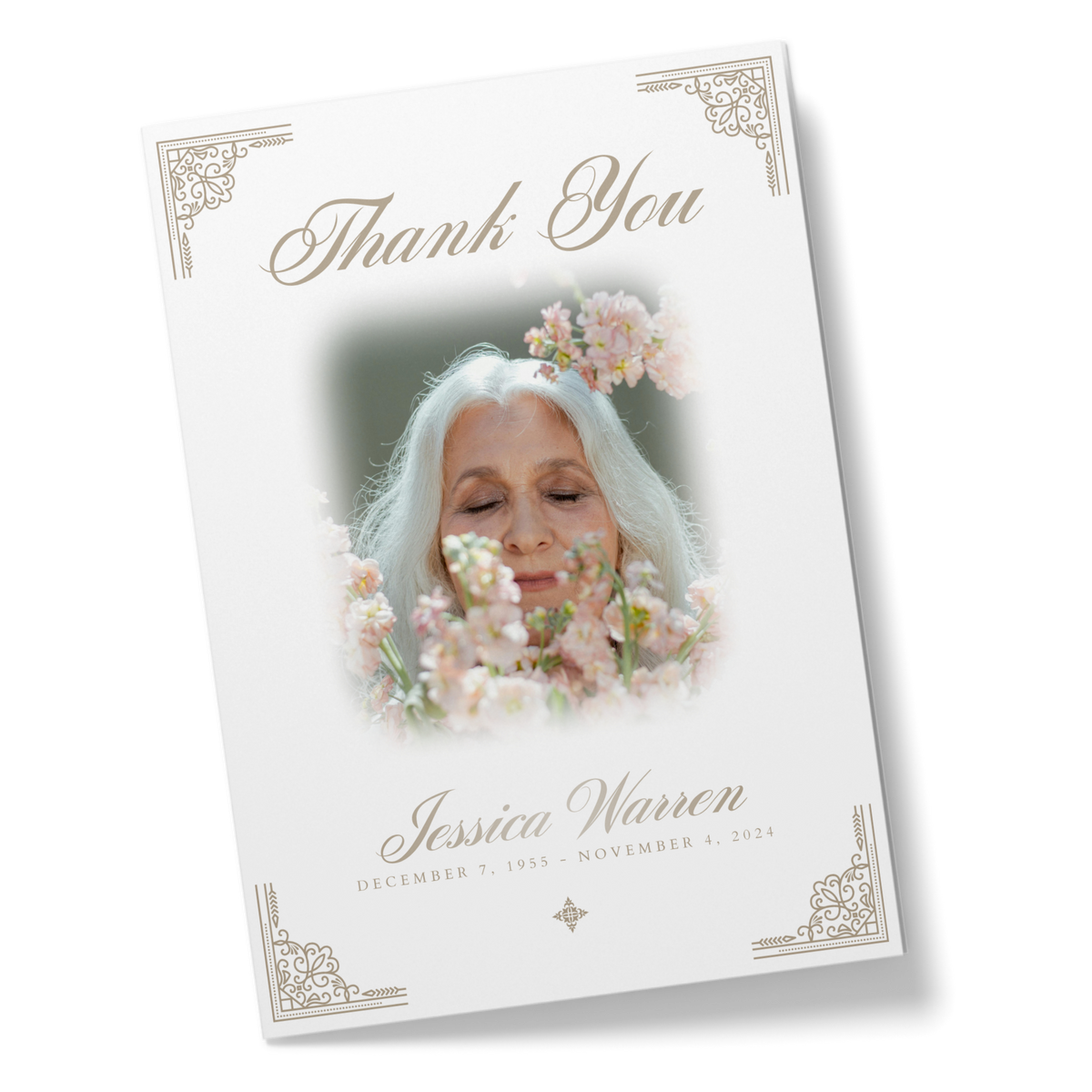 Elegant border thank-you card, white with gold script and floral photo frame