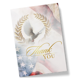 Thank you card featuring laurel wreath, white dove, and gold 'Thank YOU' text