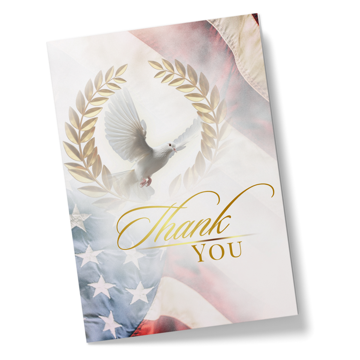 Thank you card featuring laurel wreath, white dove, and gold 'Thank YOU' text