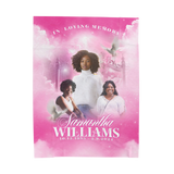 Memorial blanket with pink angel scene, gate lights, white dove, and three-person photo