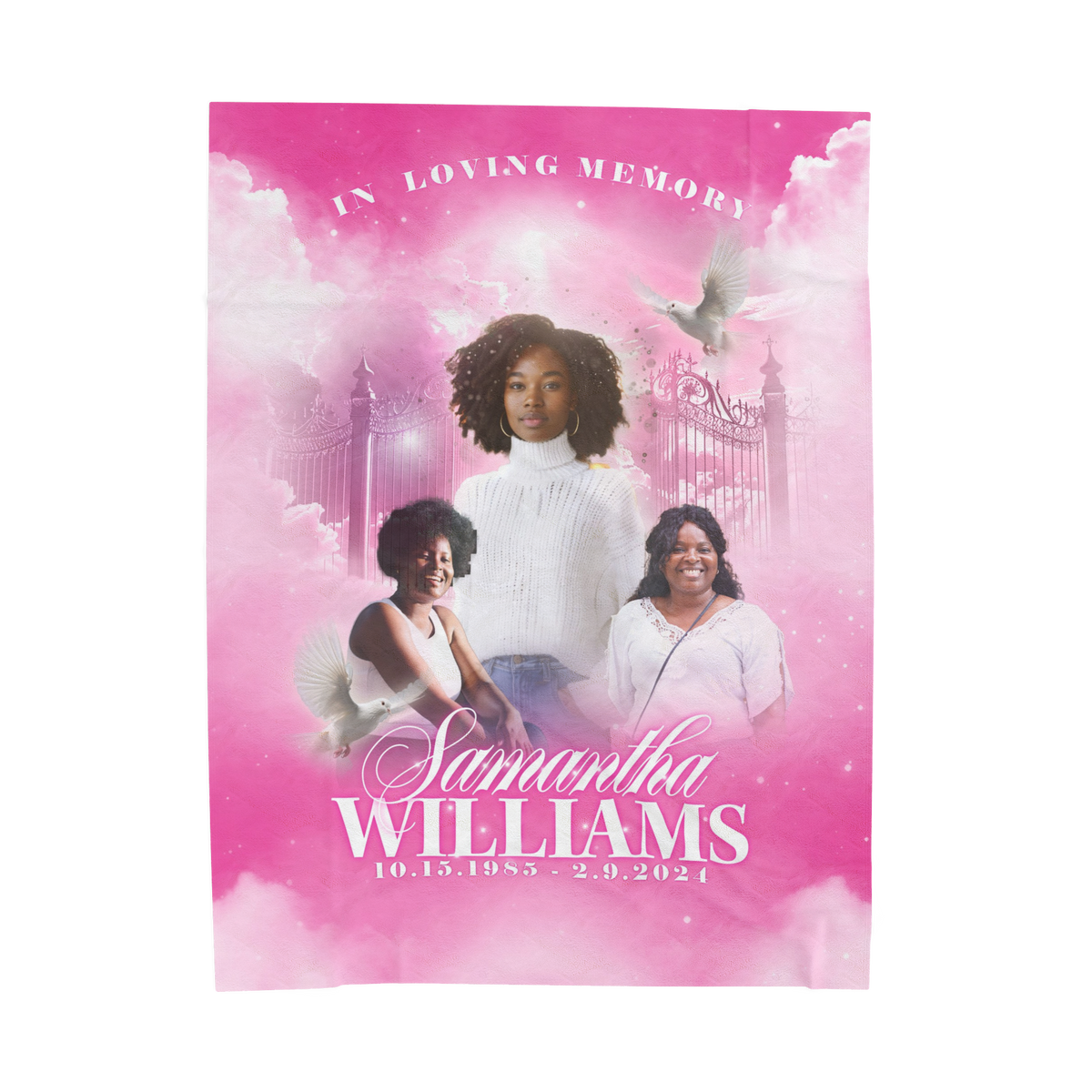 Memorial blanket with pink angel scene, gate lights, white dove, and three-person photo