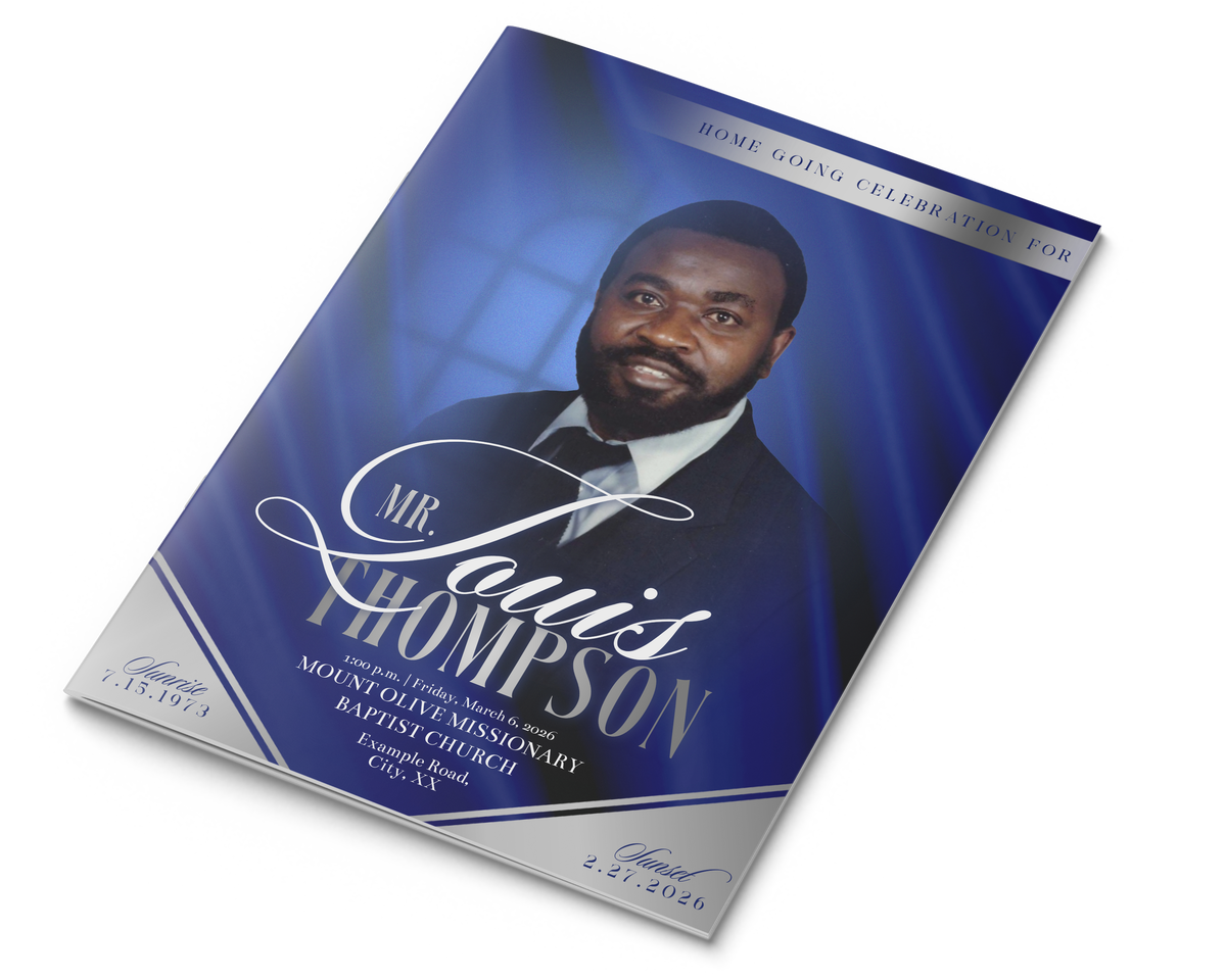 Custom booklet cover with blue portrait and decorative script, memorial service design