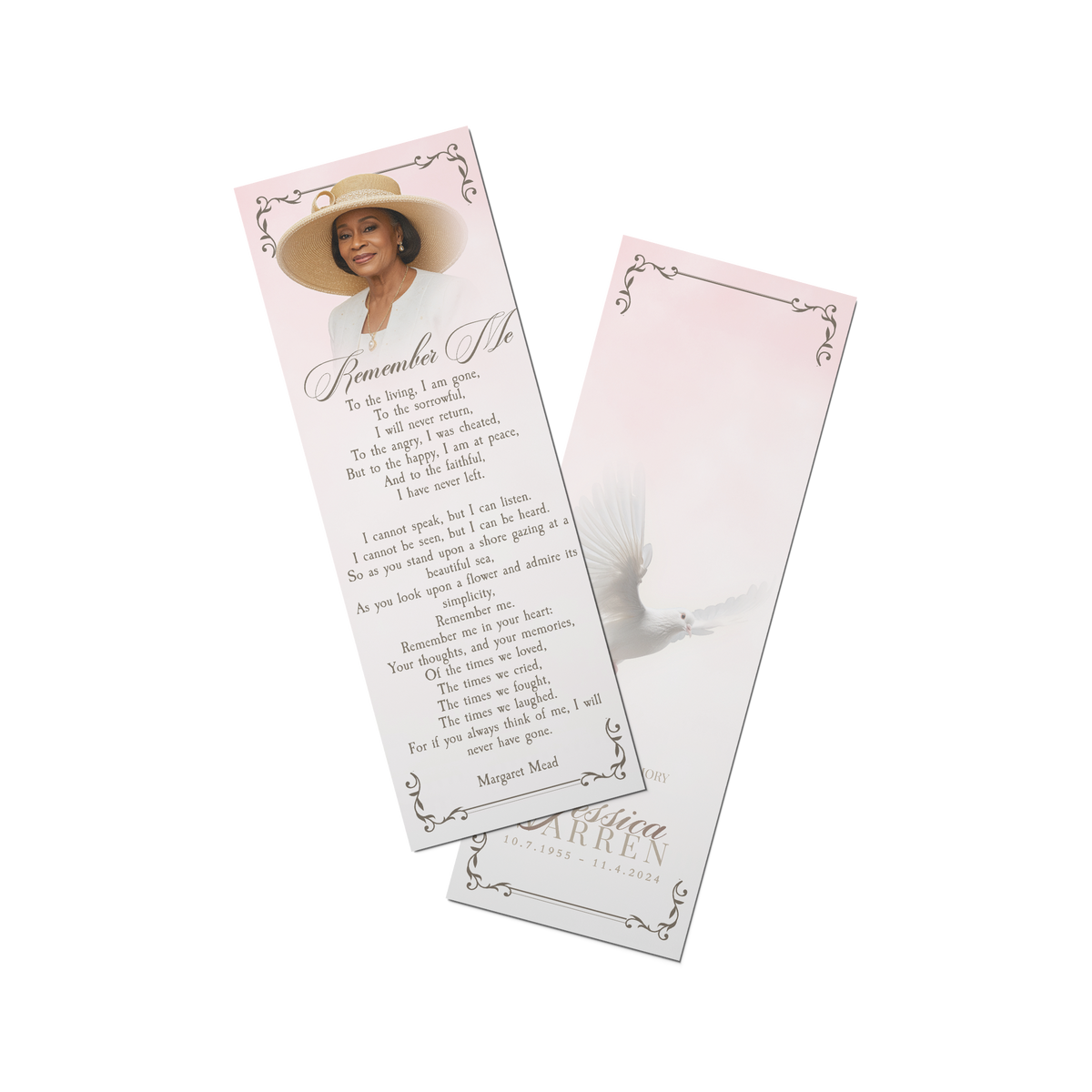 Ornate frame bookmark with portrait and poem, pale pink border, feather