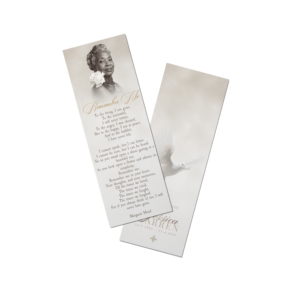 Set of two paper bookmarks with monochrome portrait and gold quote text