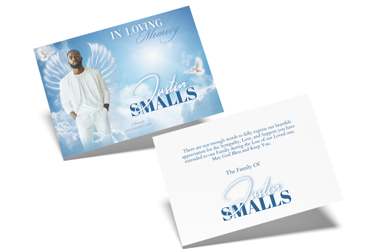 In Loving Memory thank you card with blue cover and white back, Austin SMALLS