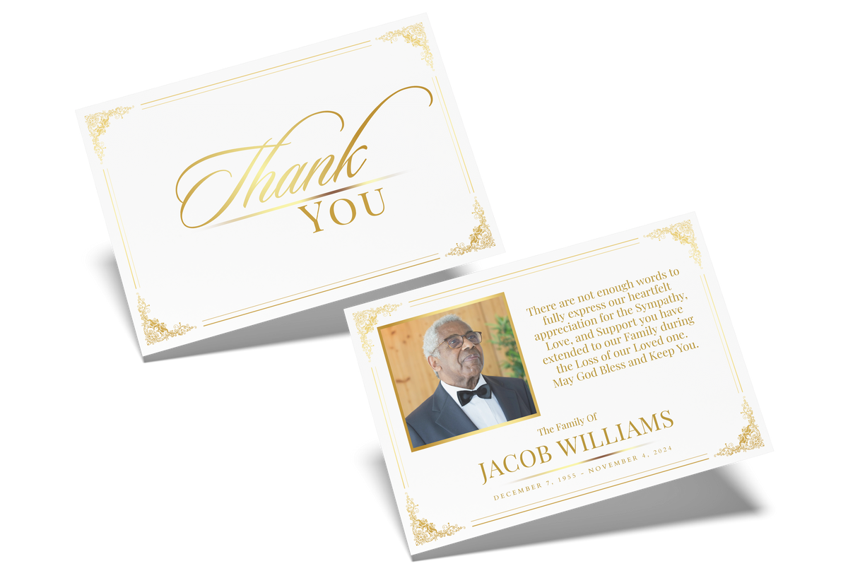 Thank You card with gold frame border and gold script “Thank You” on white