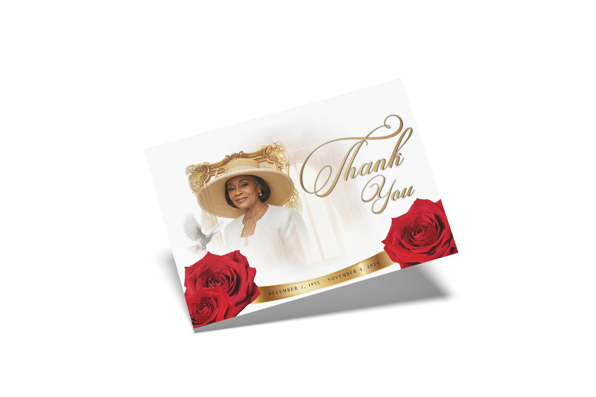Thank-you card front with gold frame photo, cursive 'Thank You', and red rose accents.