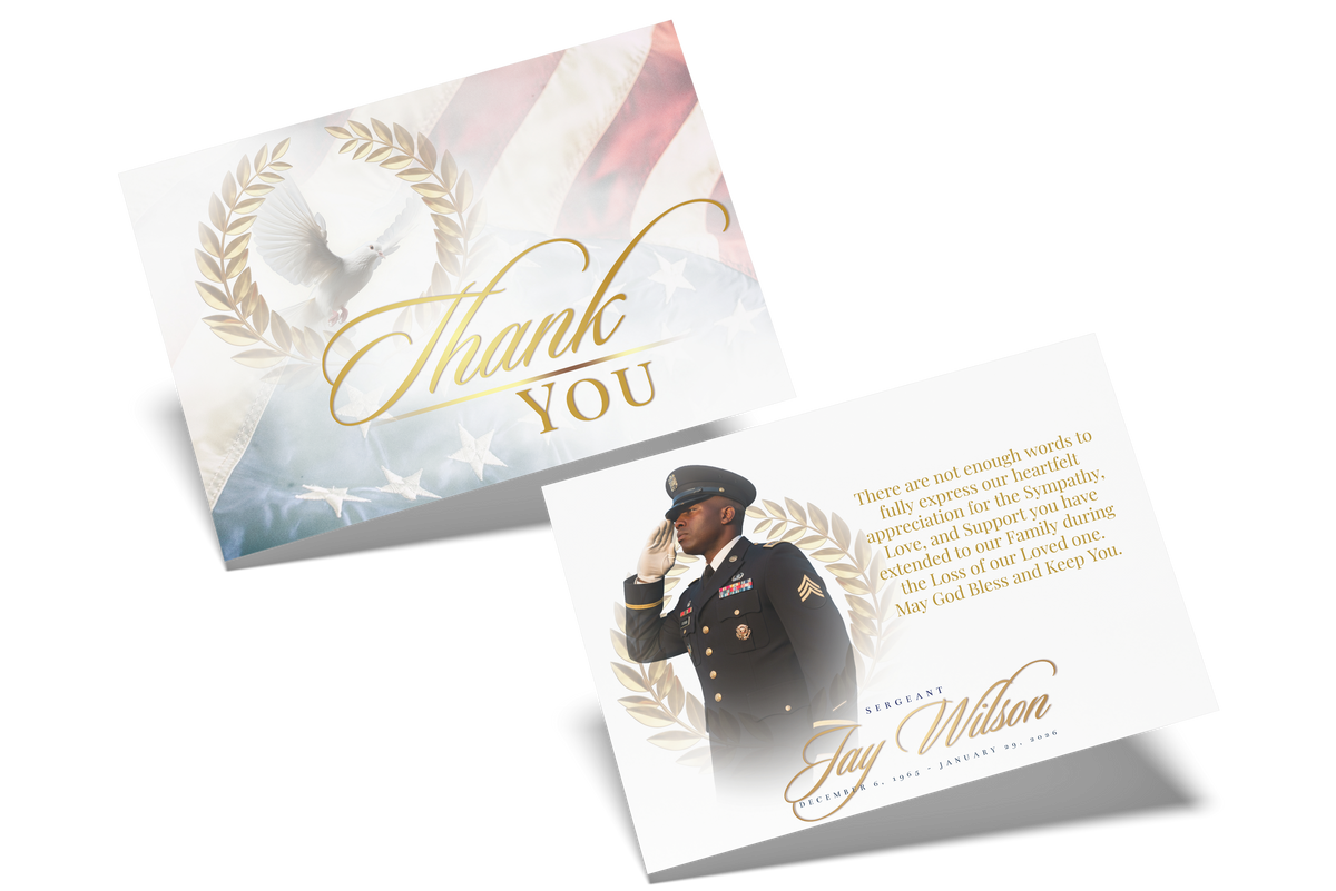 Thank you card with uniformed officer portrait, laurel wreath, and gold 'Jay Wilson'