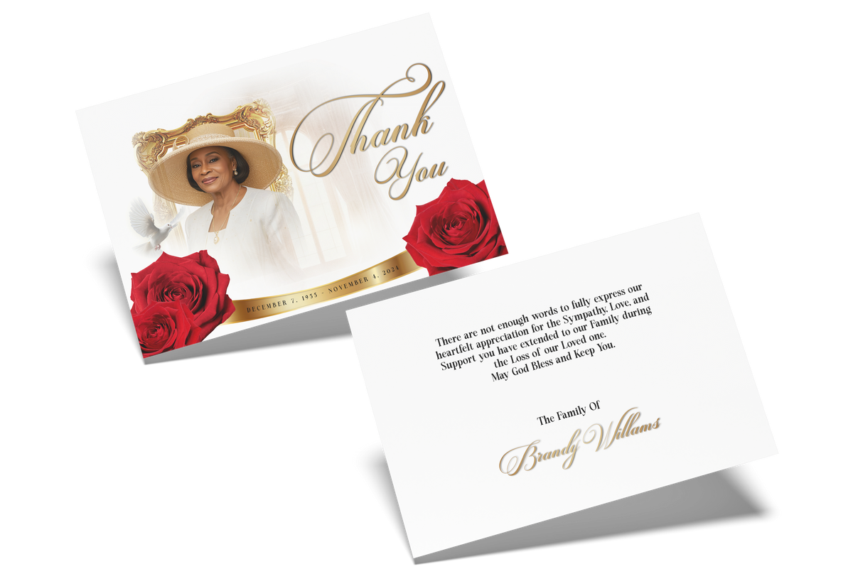 Thank-you card showing inside message and signature; front has gold frame with red roses.