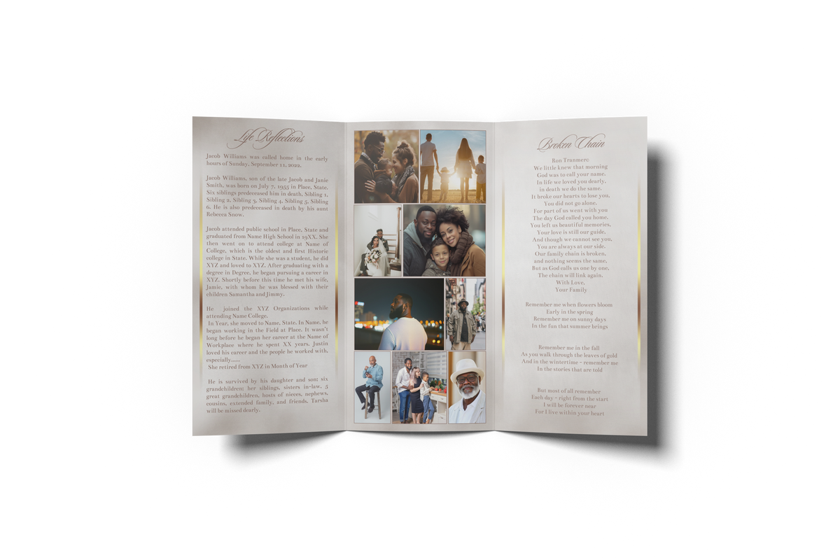 Portrait-style trifold brochure open, featuring text panels and photo collage in the center.