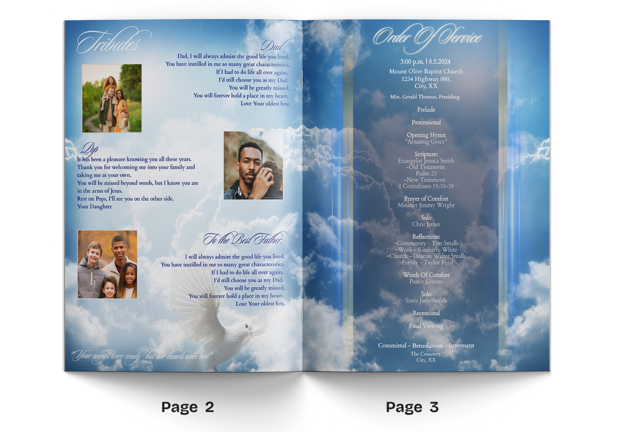 Inside spread of an 8-page funeral program with blue clouds, photos, and tributes text