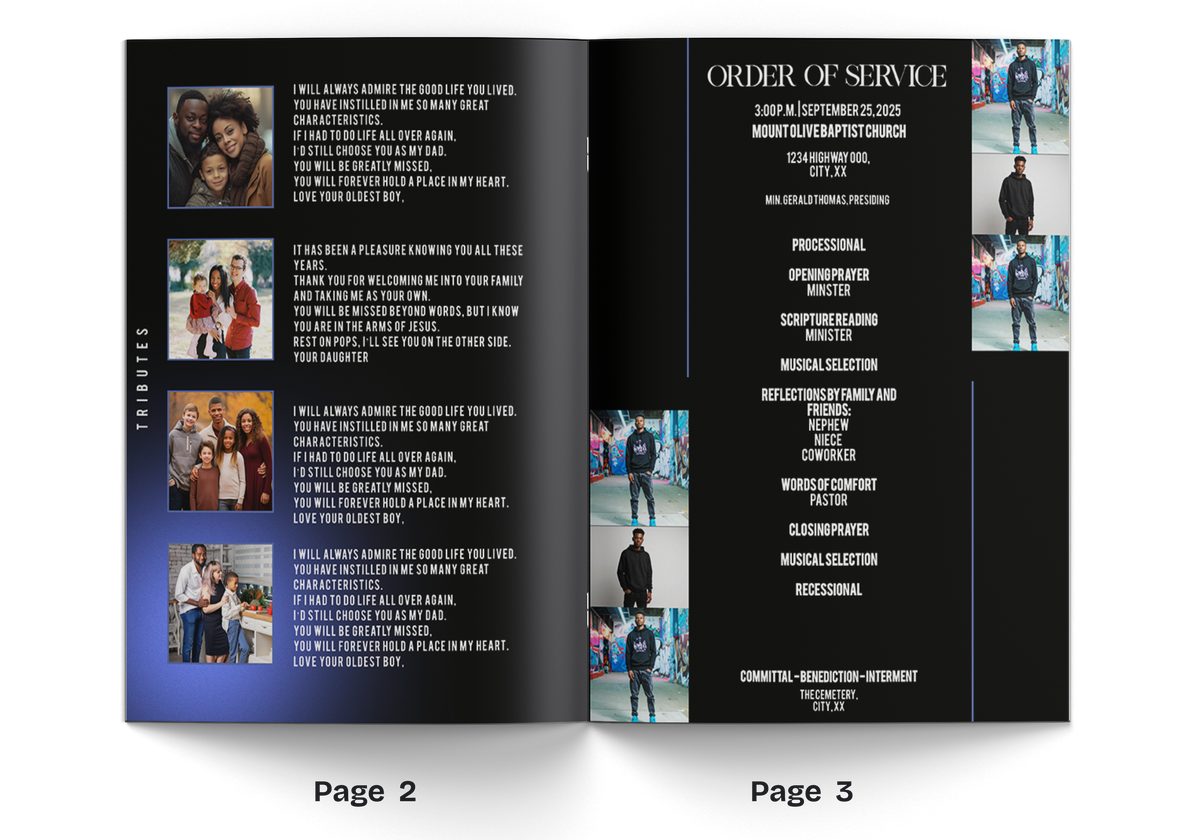 Printed booklet pages 2–3 open spread with multiple small photos and text blocks