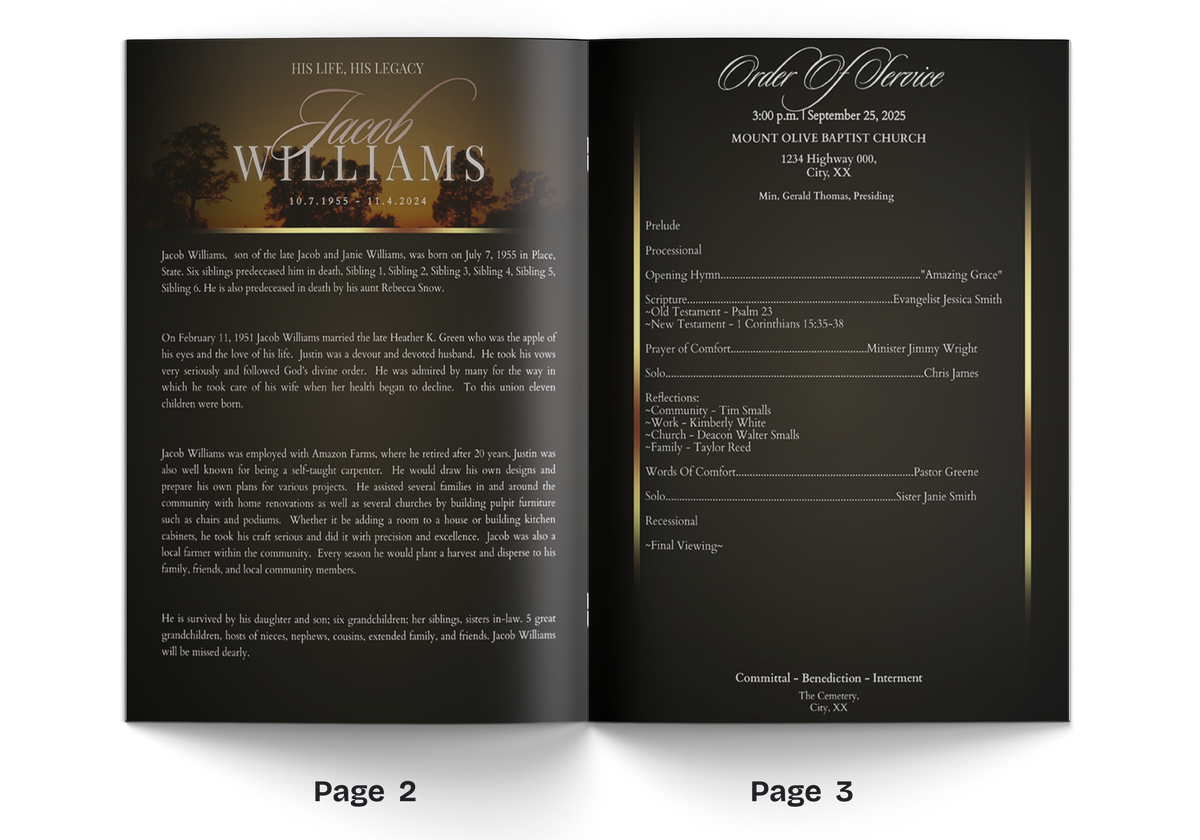 Open gray funeral program inside pages with portrait name header and event details