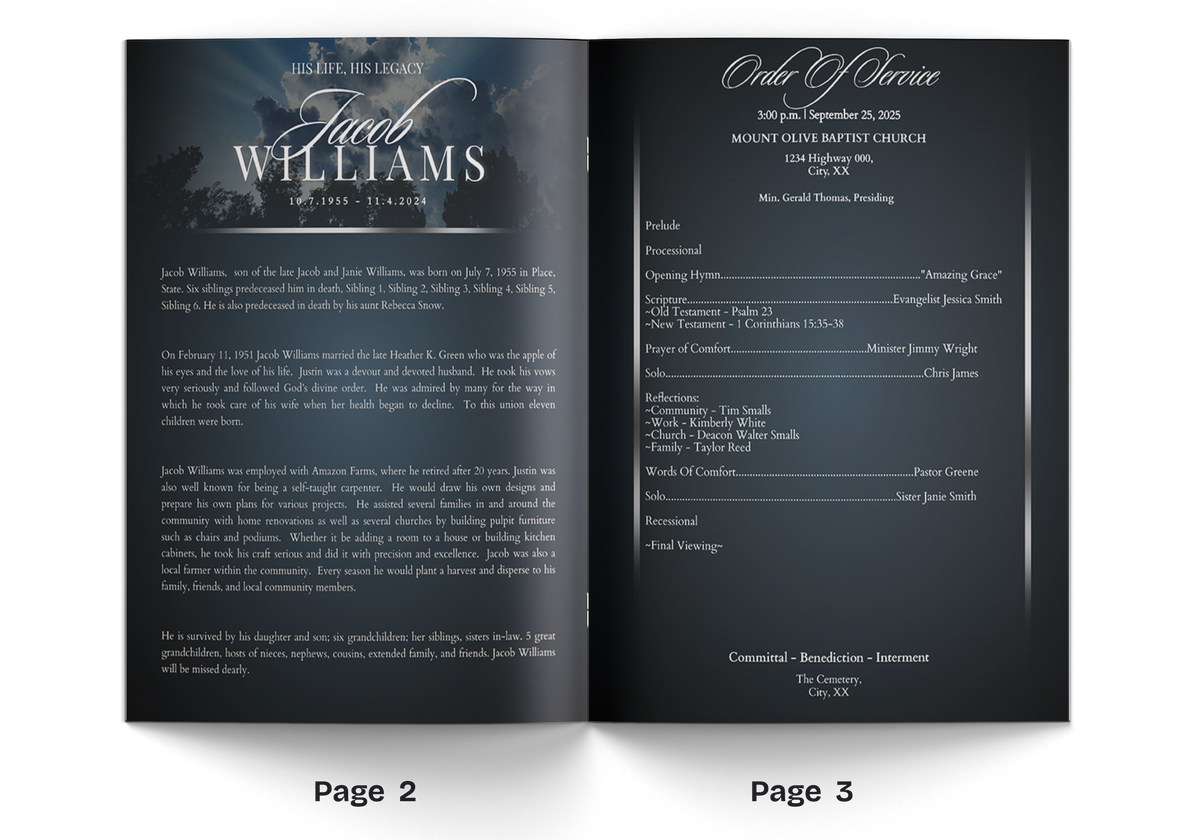 Blue memorial booklet open to text pages 2 and 3 with Jacob Williams portrait