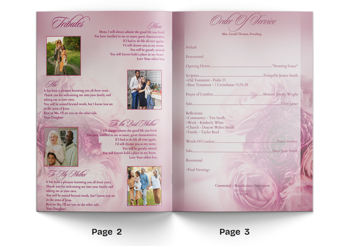 Open funeral program booklet pages with section titles and multiple small photos