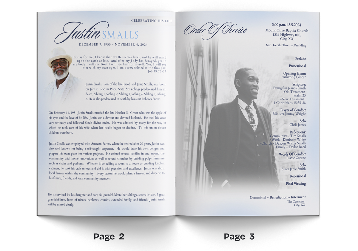 Powder blue funeral program booklet pages 2–3 with biographies and service list