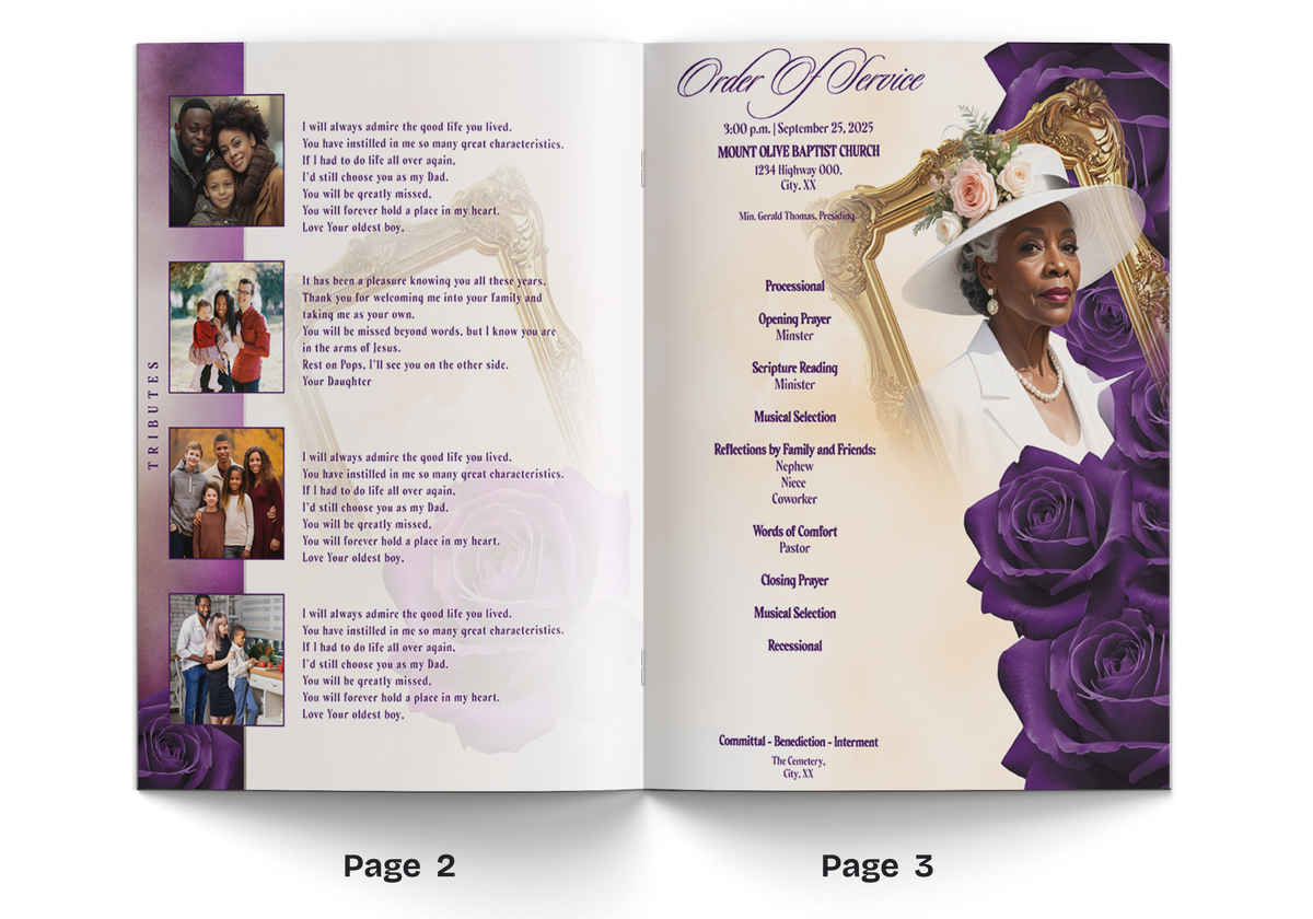 8-page funeral program booklet open to pages 2–3, photos grid and floral side