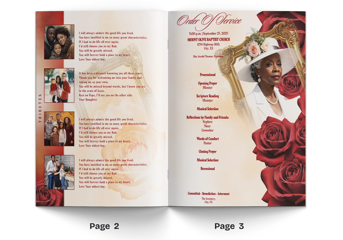 8-page memorial booklet open spread with text and portrait, red roses and decorative border