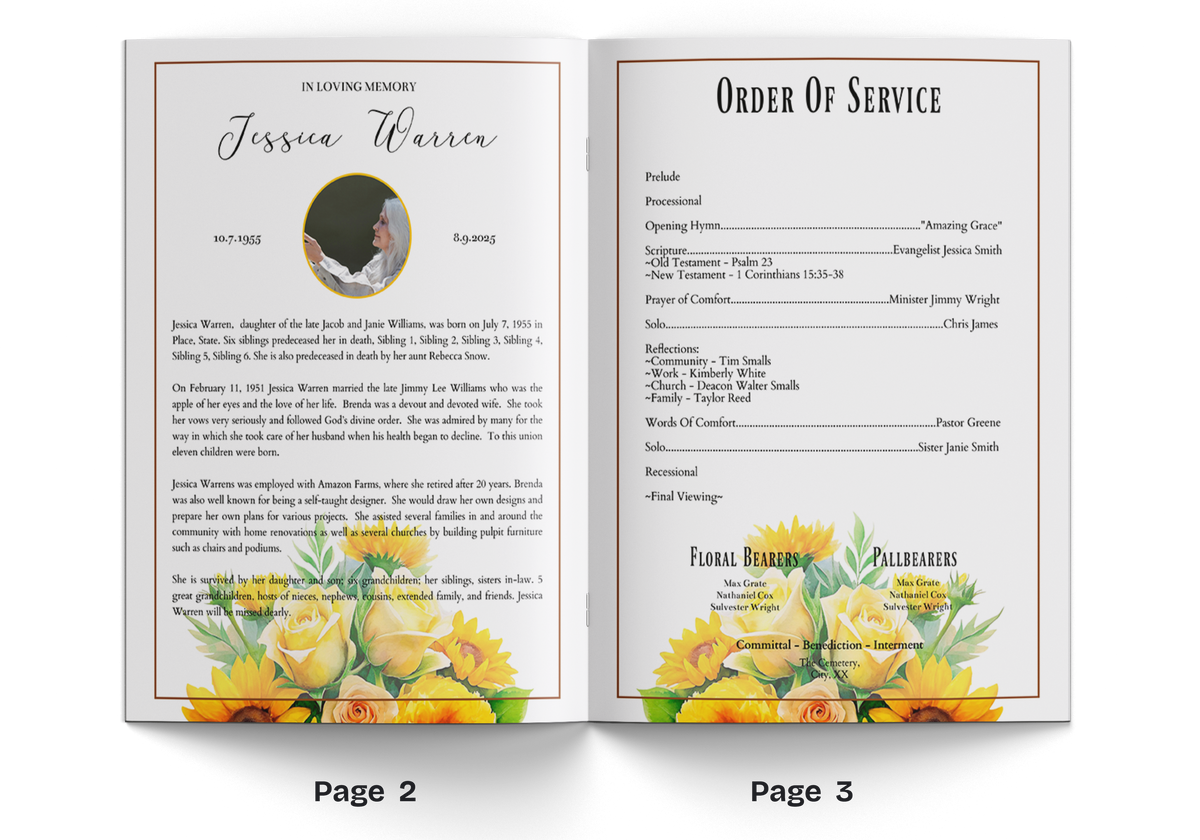 Sunflower memorial program booklet, interior pages with portrait circle and floral header
