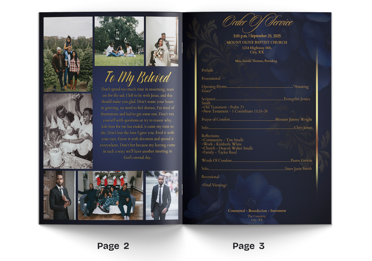 Open 8-page funeral program showing pages 2 and 3 with photo collage and text.