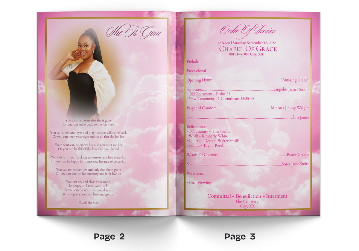 Pink booklet open on pages 2 and 3 with portrait on one page and text layout