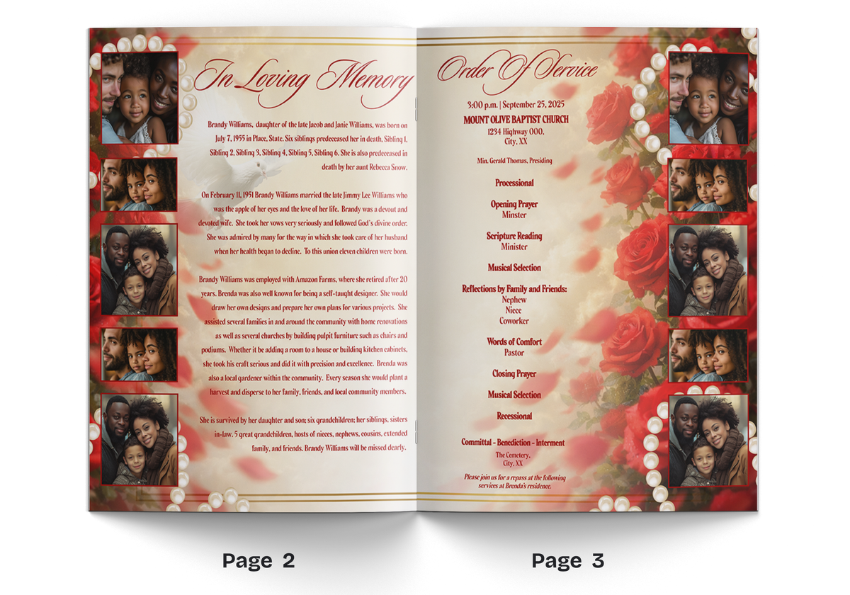 Open memorial booklet spread with text, red rose floral border, and small portrait photos