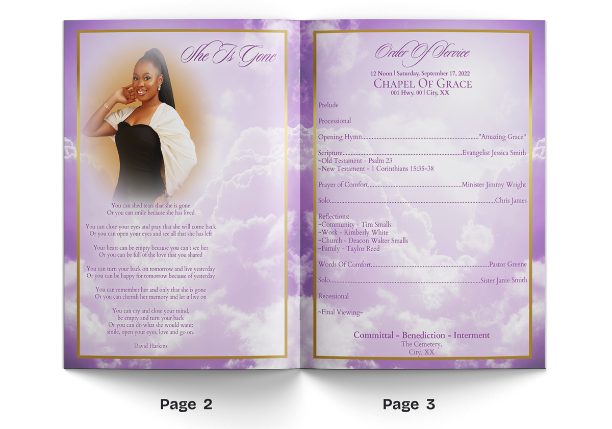 8-page memorial booklet, open spread with lavender clouds and portrait, two pages