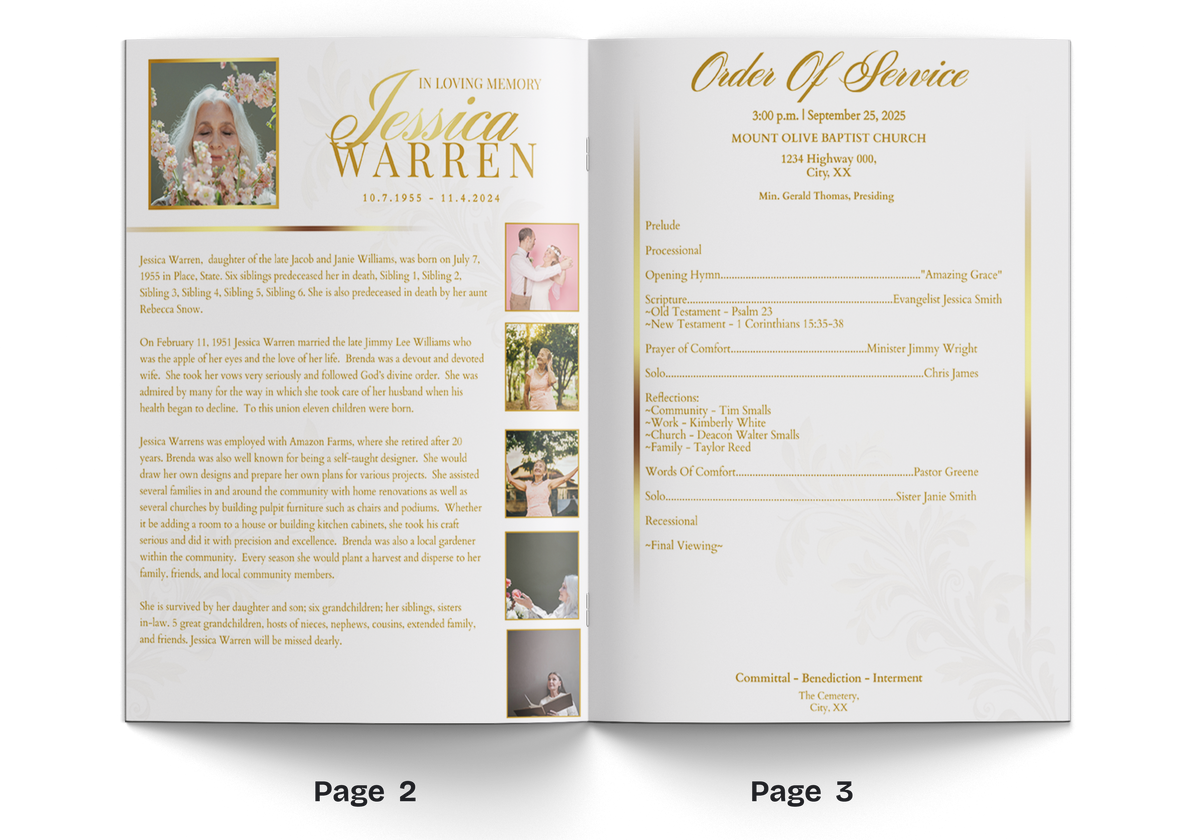 Open 4-page funeral program booklet showing text pages and small photo frames