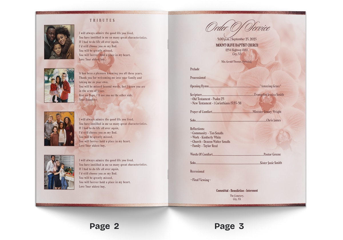 Open 8-page memorial booklet with rose-gold orchid floral theme and order of service page