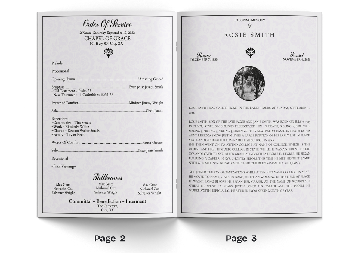 Open memorial program booklet spread with two black-text pages and small photo icons