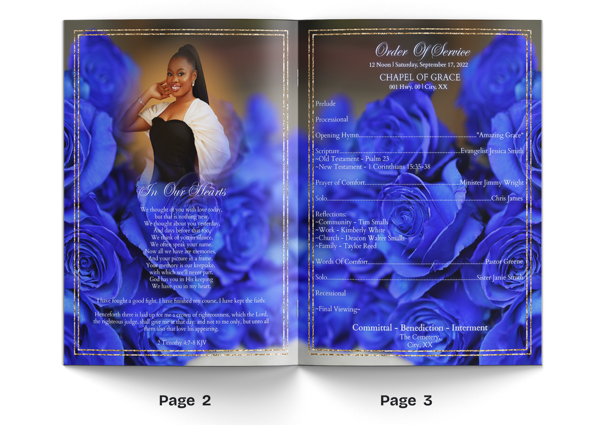 Memorial booklet pages 2–3 with blue rose background, portrait, and service details text